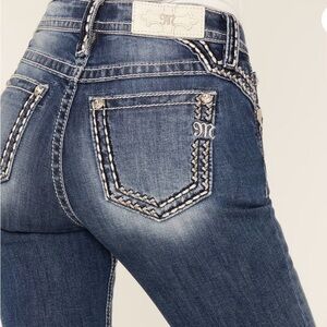 MISS ME WOMEN'S MEDIUM WASH MID RISE BORDER STITCH BOOTCUT STRETCH DENIM JEANS